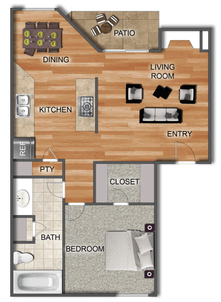 Floor plan for 1 bed, 1 bath, 540 sqft